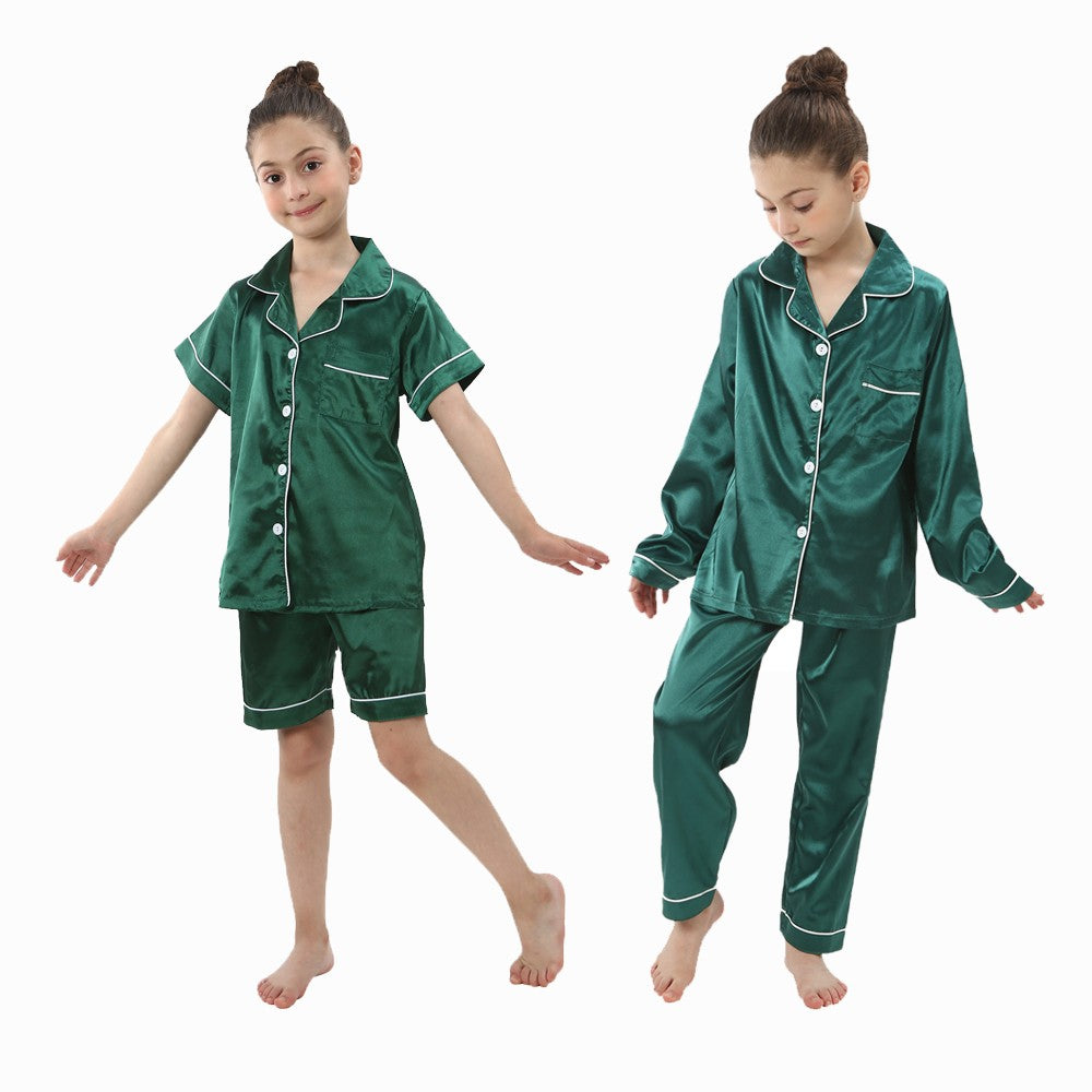 2 to 14 Years Boys Girls Pajamas Sets Kids Silk Satin Top Pant Long/Short Sleeve Solid Pyjamas Suits Nightgown Child Sleepwear