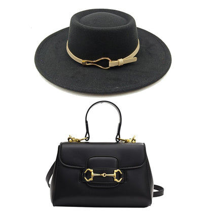 Acessórios femininos de fivela de couro metal com chapéu de feltro de pele com top côncavo e convexo, chapéu fedora e conjunto de bolsa combinando, estilo retrô