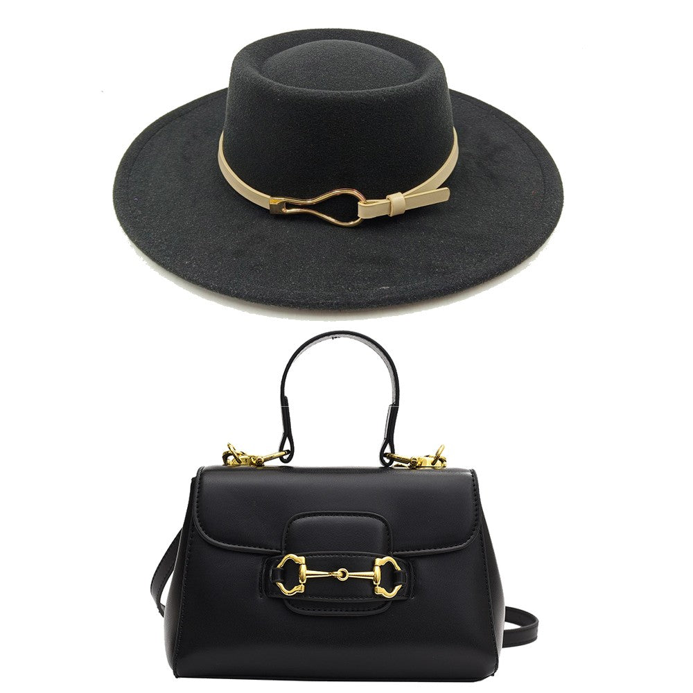 Acessórios femininos de fivela de couro metal com chapéu de feltro de pele com top côncavo e convexo, chapéu fedora e conjunto de bolsa combinando, estilo retrô