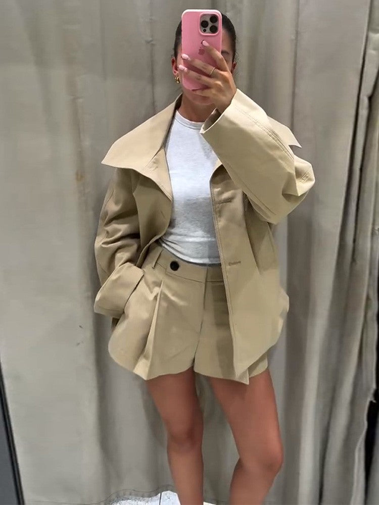 Belted Waist Cropped Trench Double Breasted Stand Collar 2025 Autumn Chic Elegant Women Coat Casual Vintage Office Lady Jacket