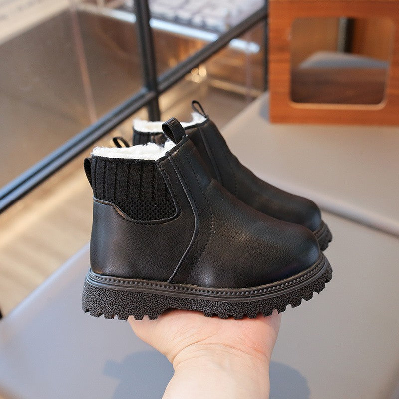 21-30 Kids Ankle Boots for Little Boys Girls Thermal Snow Boots Fashion PU Leather Children Short Rubber Boots with Thick Plush