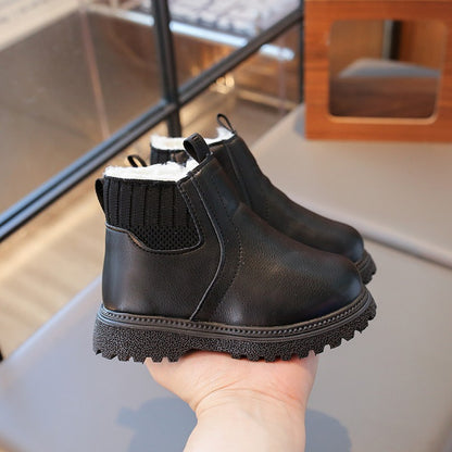 21-30 Kids Ankle Boots for Little Boys Girls Thermal Snow Boots Fashion PU Leather Children Short Rubber Boots with Thick Plush