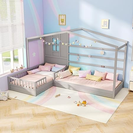 MAT EXPERT Cama de Madeira em Formato de Casa, L para 2 Crianças com Janela e Telhado, Cerca e Estrado, Cama Montessori de Chão Solteiro para Meninos, Meninas, Adolescentes