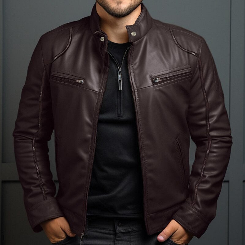 New Men's Business Leather Jacket for Autumn and Winter, Fashionable Stand Up Collar Casual Leather Jacket for Men