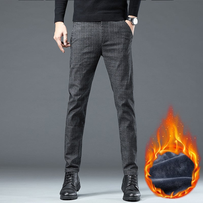 Autumn Winter New Fleece Thickened Casual Pants Men Business Straight Slim Plaid Pants Black Gray Men's Warm Trousers