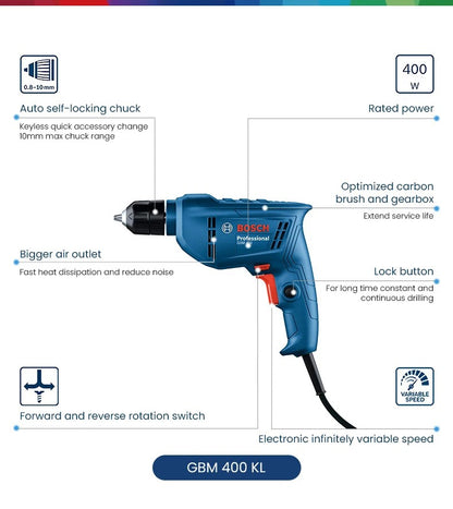 Furadeira Manual Elétrica Bosch, Chave de Fenda Elétrica, Ferramenta Doméstica Pequena de Velocidade Única, Multifuncional GBM400KL, Travamento Automático