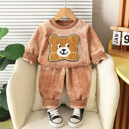 Autumn Winter Baby Boys Homewear Sets Fashion Cartoon Bear Flannel Fleece Clothes for 1-6 Years Kids Sleepwear Children Pajamas