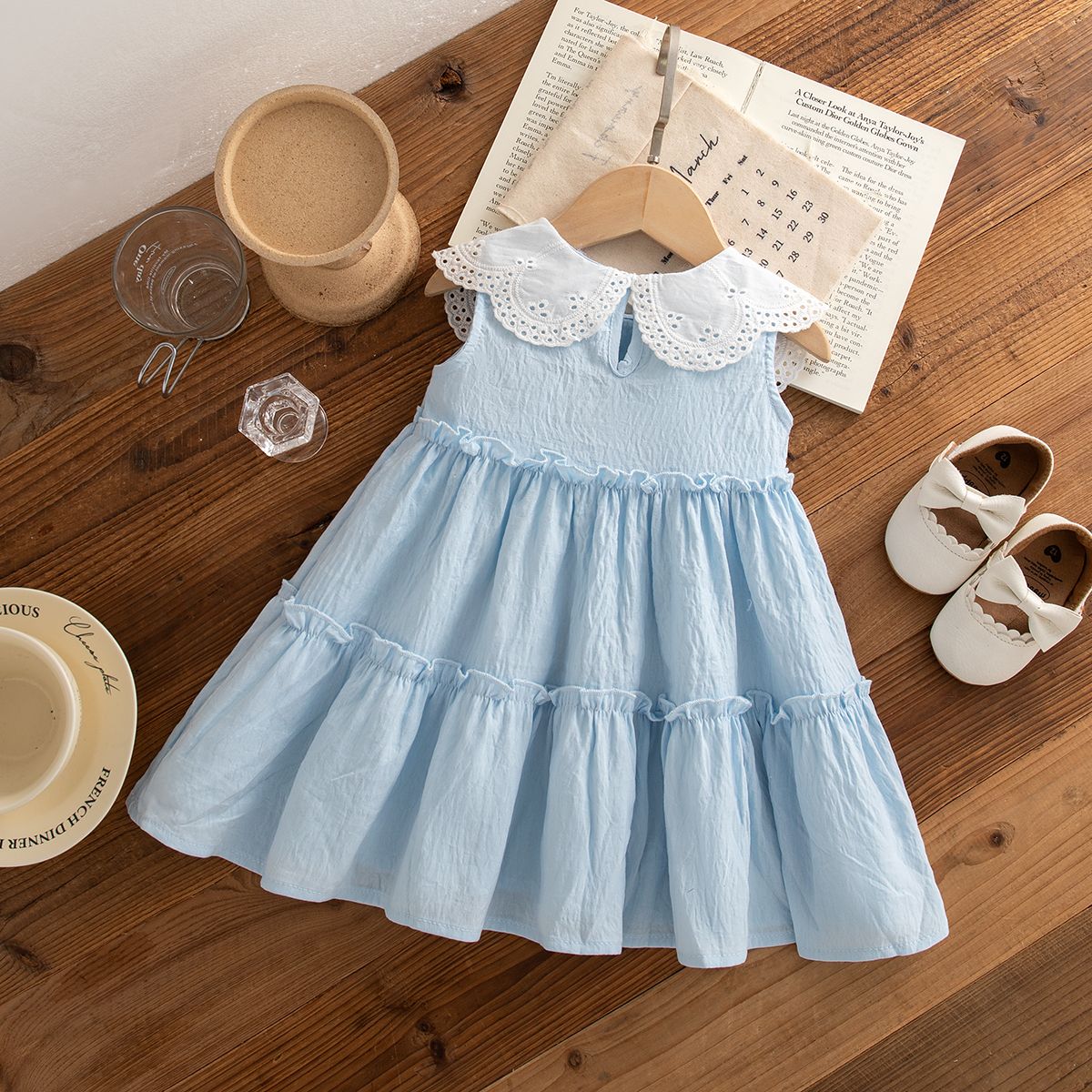 Baby Girl Clothes Summer Cotton Solid Color Lapel Sleeveless Baby Girl Dresses Cute Girls Beach Dresses
