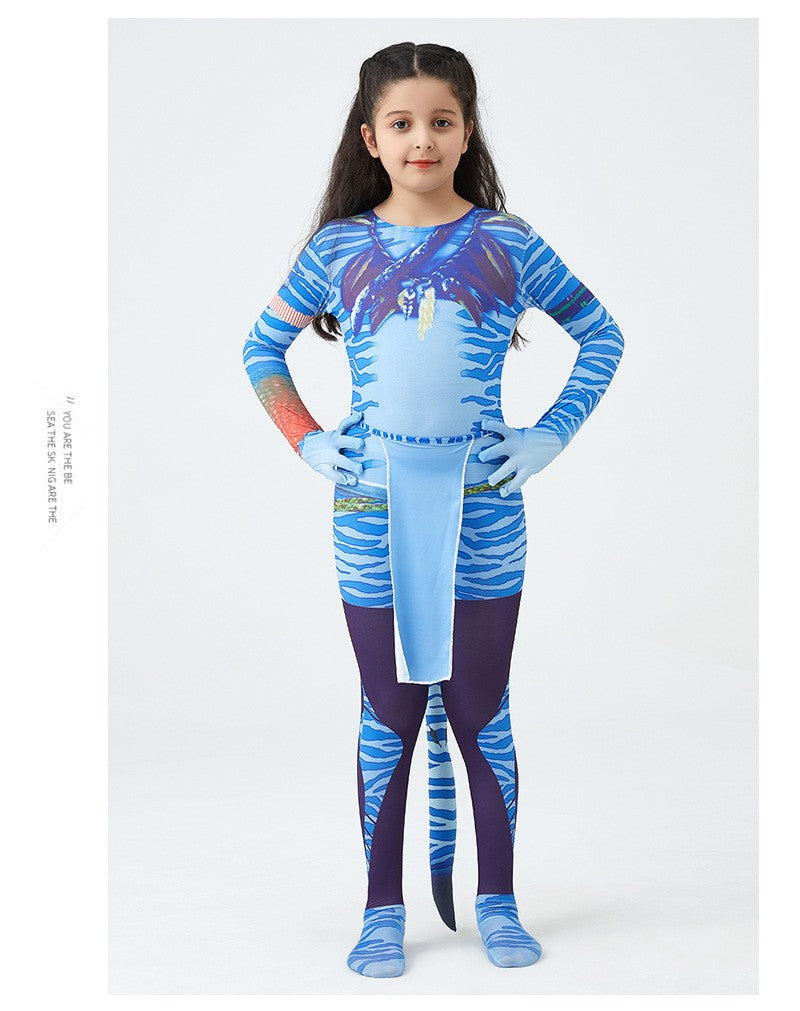 Girls Avatar 2 Neytiri Costume Tail Suit Boys Jake Sully Cosplay Zentai Bodysuit Jumpsuit Kids Halloween Birthday Party Costume