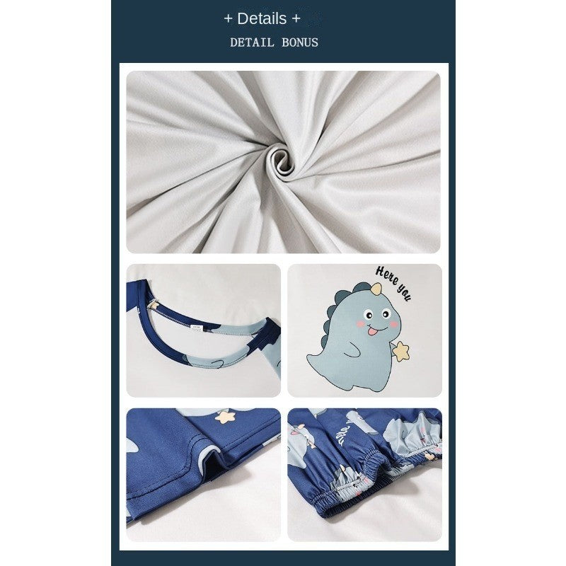 Pajamas Set of Men Cotton Long-Sleeved Simple Cartoon Dinosaur Sleepwear Homewear Students Two-Piece Nightwear Loungewear