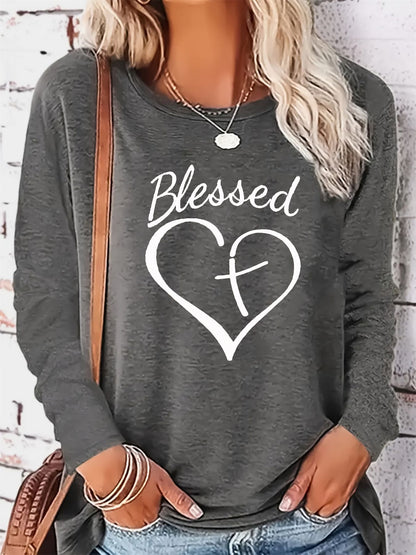 Women's autumn and winter 100% pure cotton fashionable casual loose Blessed heart-shaped printed round neck long sleeved T-shirt