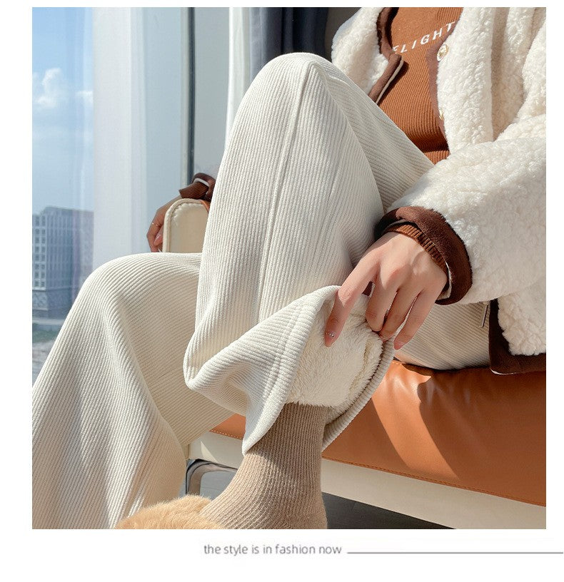 Winter Fleece Thickened High Waist Warm Trousers for Women Solid Color Loose Elastic Waist Straight Casual Pants