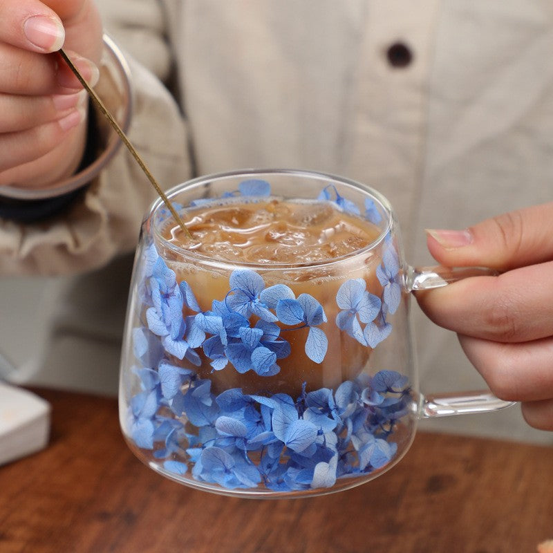 Copo de Vidro de Parede Dupla 200ml Transparente com Padrão de Flores Caneca de Chá Leite Café com Alça Presente para Amigos Copo de Água para Casa