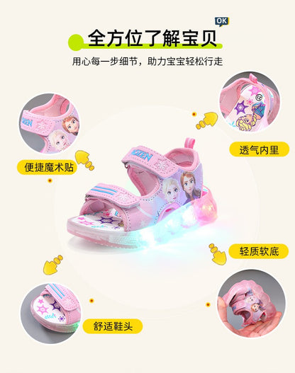 Disney Boys Girls Frozen Elsa Princess Led Light Up Luminous Sports Sandals Summer Kids Sandals Non-slip Toddler Shoes