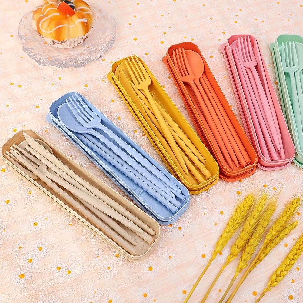 4Pcs Portable Tableware Set 4 In 1 Wheat Straw Dinnerware Cutlery Travel Tableware Picnic Dinnerware Camping Cutlery Set