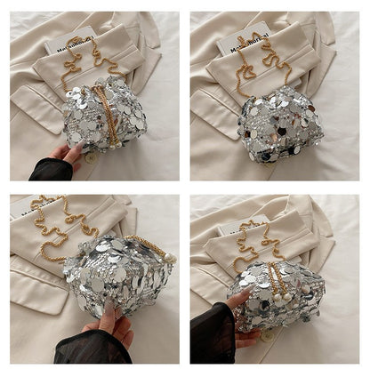 Sequin Chain Women's Portable Bucket Shoulder Bags Retro Ladies Dinner Party Clutch Purse Luxury Design Female Crossbody Bag