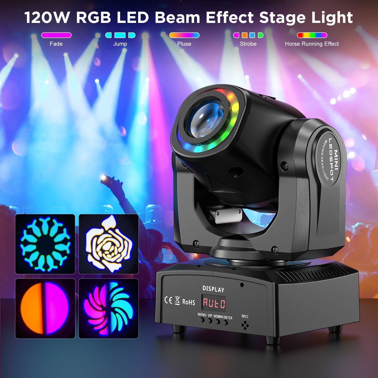 Datewink 120W LED Beam Moving Head Light 8 Patterns RGB Stage Lighting Effect DMX512 For DJ Disco Show Concert Party KTV Karaoke