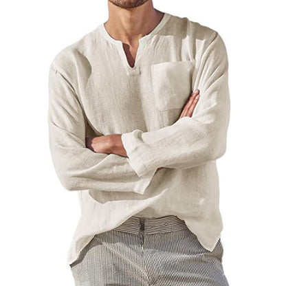 Men Cotton Linen Shirts Long Sleeve Social Shirt Blouses Stand-Up Collar Casual Beach Shirt Business Formal Shirt Male Clothing