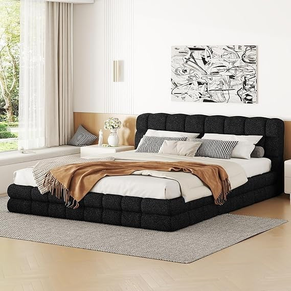 Grounded Bed Upholstered Platform Bed with Unique Design Thick Fabric Headboard, Wood Platform Bed Frame for Kids Adults Bedroom