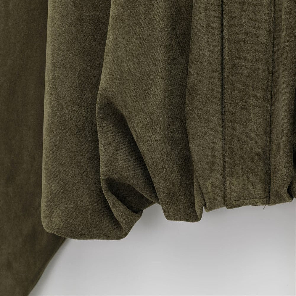 2025 Women Faux Suede Collared Jacket with Shoulder Straps Loose Fit Stylish Olive Green for Sale on