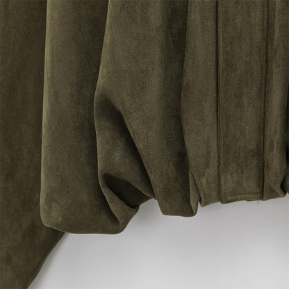 2025 Women Faux Suede Collared Jacket with Shoulder Straps Loose Fit Stylish Olive Green for Sale on