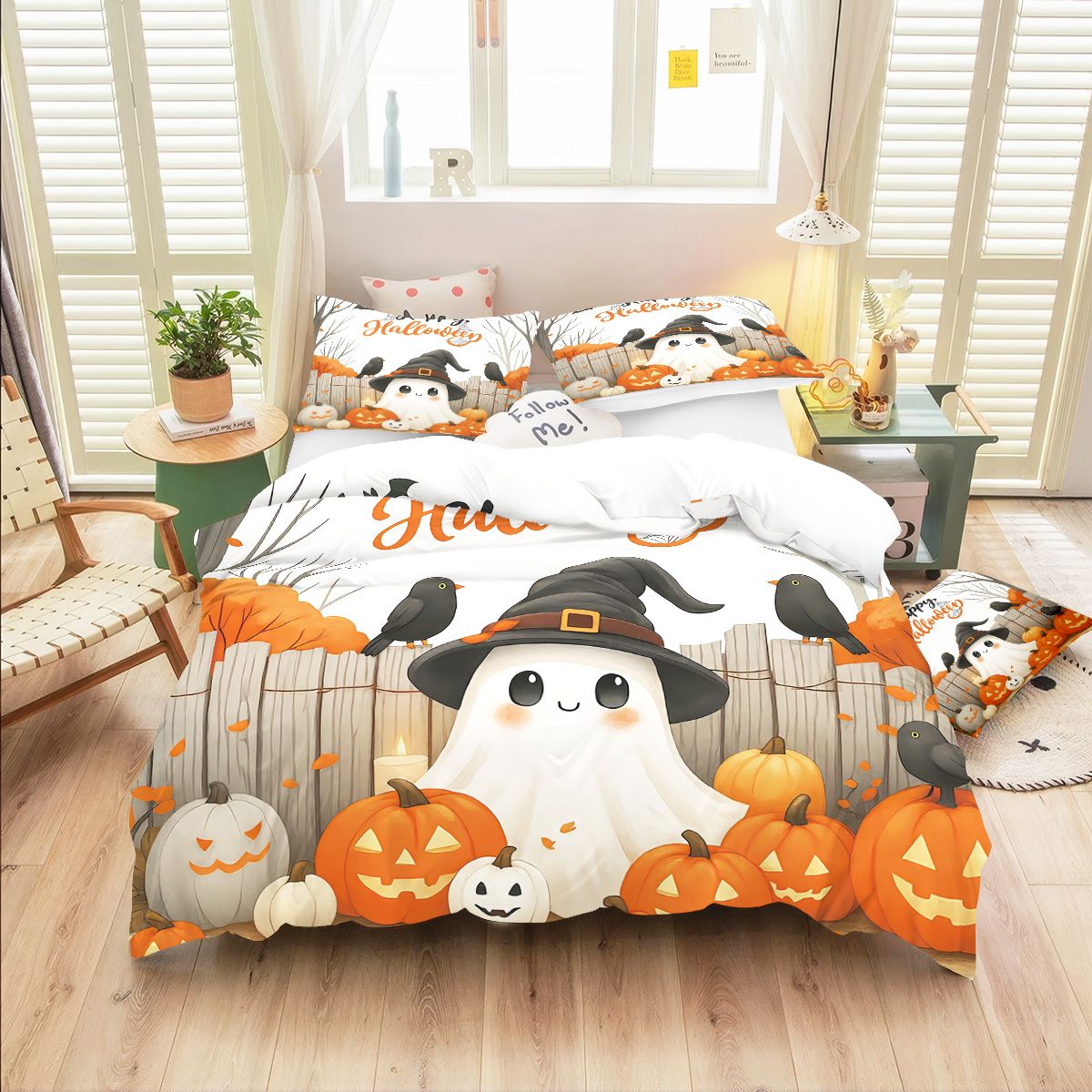 3pcs Halloween Cartoon Ghost Printed Duvet Covers, 1 Down Duvet Cover+2 Pillowcases, Coreless. Soft and Comfortable Bedding Set