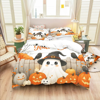 3pcs Halloween Cartoon Ghost Printed Duvet Covers, 1 Down Duvet Cover+2 Pillowcases, Coreless. Soft and Comfortable Bedding Set