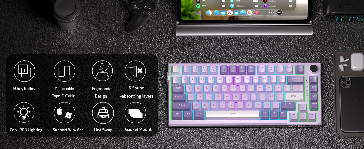 Teclado Mecânico Gamer MageGee SKY81 75%, RGB Gasket Hot Swappable com Fio Personalizado, Amortecimento de Som Cremoso com Botão