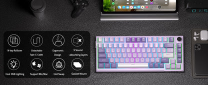 Teclado Mecânico Gamer MageGee SKY81 75%, RGB Gasket Hot Swappable com Fio Personalizado, Amortecimento de Som Cremoso com Botão