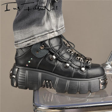 Casual Female Runway Shoes Platform Metal Toe Chunky Sneakers Women Gothic Punk Style Sneakers Rock Design Black Walking Shoes