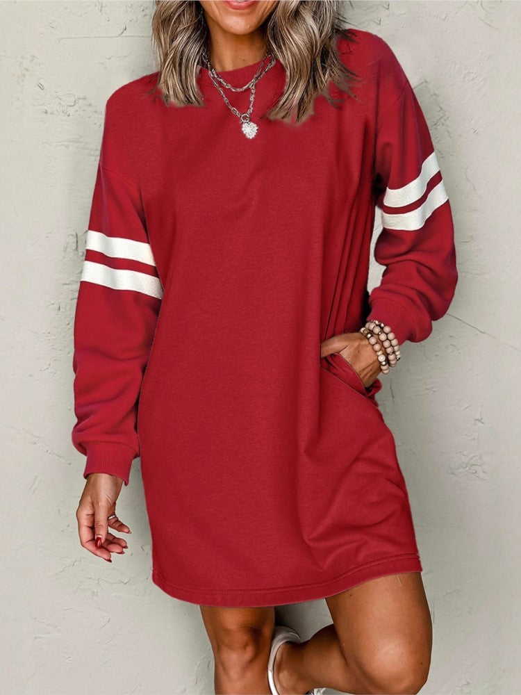 Autumn Winter New Striped Drop Shoulder Sweatshirt Mini Dresses Women Casual Loose O Neck Long-sleeved Pocket Dress Female 2025