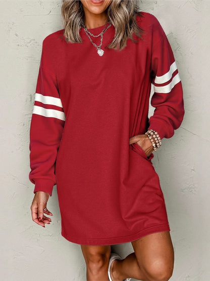 Autumn Winter New Striped Drop Shoulder Sweatshirt Mini Dresses Women Casual Loose O Neck Long-sleeved Pocket Dress Female 2025