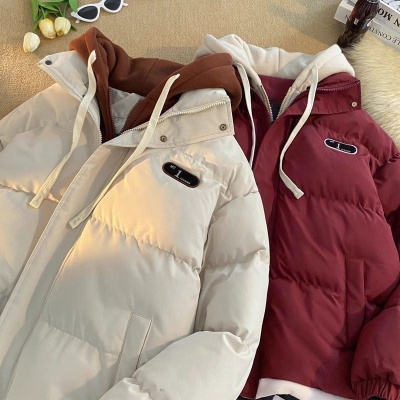 Korean Version New Fashion Letter Patch Fake Two Piece Cotton-padded Jacket Y2K Harajuku Vintage Thick Bread Loose Student Coats
