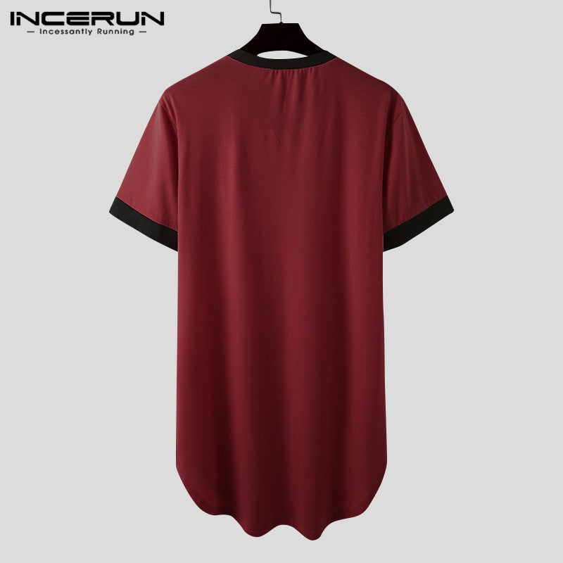 INCERUN 2024 Men Sleep Robes Short Sleeve V Neck Nightgown Patchwork Cozy Homewear Fashion Loose Mens Bathrobes Dressing Gown