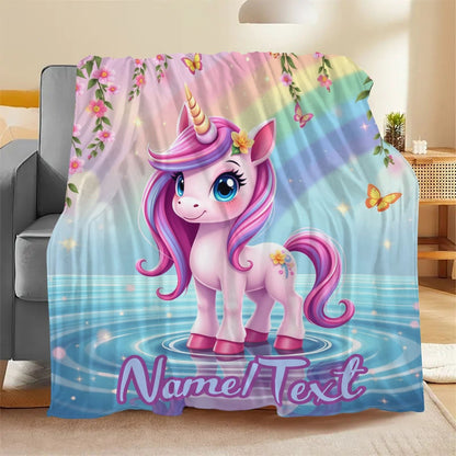 Customizable name cute unicorn pattern flannel blanket suitable for sofa, office, bed, travel, camping, suitable for all seasons