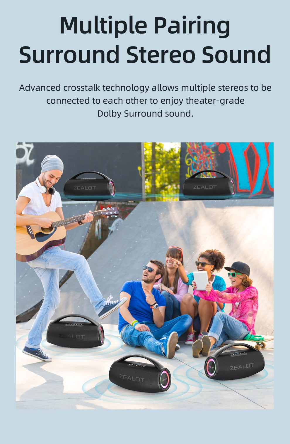 Caixa de Som Bluetooth ZEALOT-S97 80W Potente, Sem Fio com Alça Portátil, para Festa, Acampamento, Luz Colorida RGB