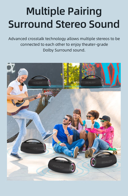 Caixa de Som Bluetooth ZEALOT-S97 80W Potente, Sem Fio com Alça Portátil, para Festa, Acampamento, Luz Colorida RGB