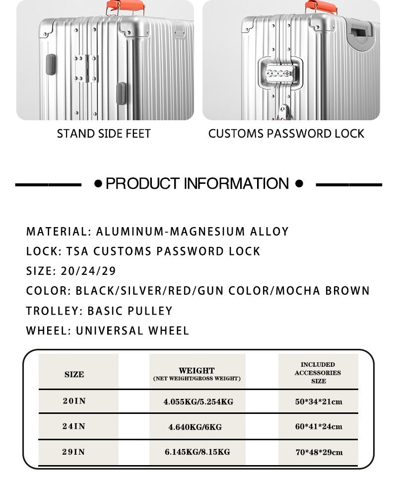All-Aluminum Magnesium Alloy Suitcase Large-Capacity Password Luggage Infused Transparent Rolling Wheel Business Trolley Case