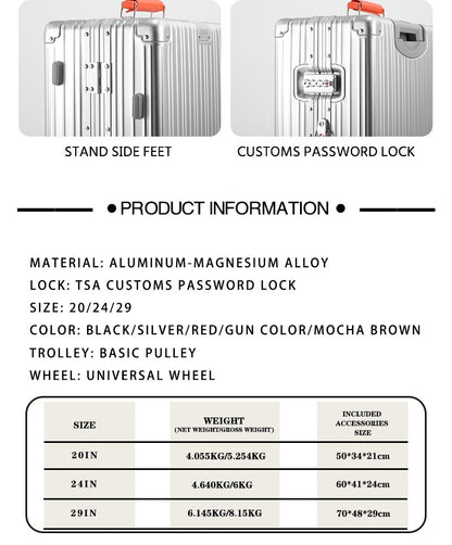 All-Aluminum Magnesium Alloy Suitcase Large-Capacity Password Luggage Infused Transparent Rolling Wheel Business Trolley Case