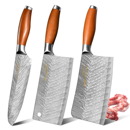 Conjunto de 3 Facas Profissionais de Cozinha Japonesa - Faca do Chef, Faca Multiuso, Cutelo de Carne, Faca para Desossar, Padrão de Aço Damasco