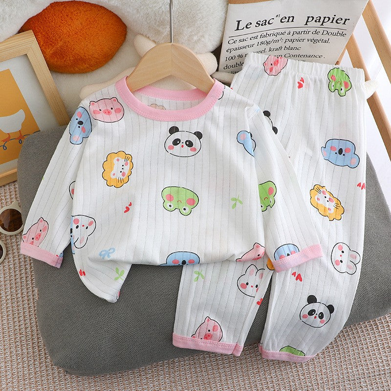 Kids Boys Girls Summer Cotton Thin Pajamas Cute Cartoon Print Long Sleeve T-shirt Tops+Pants Baby Clothing Sets