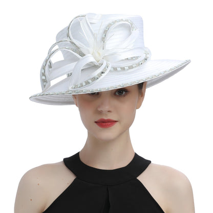 Deluxe New White Church Hat Party Banquet Satin Cloth Photography Hats Premium Chains Formal Hat Flower Top Cap For Women Ladies
