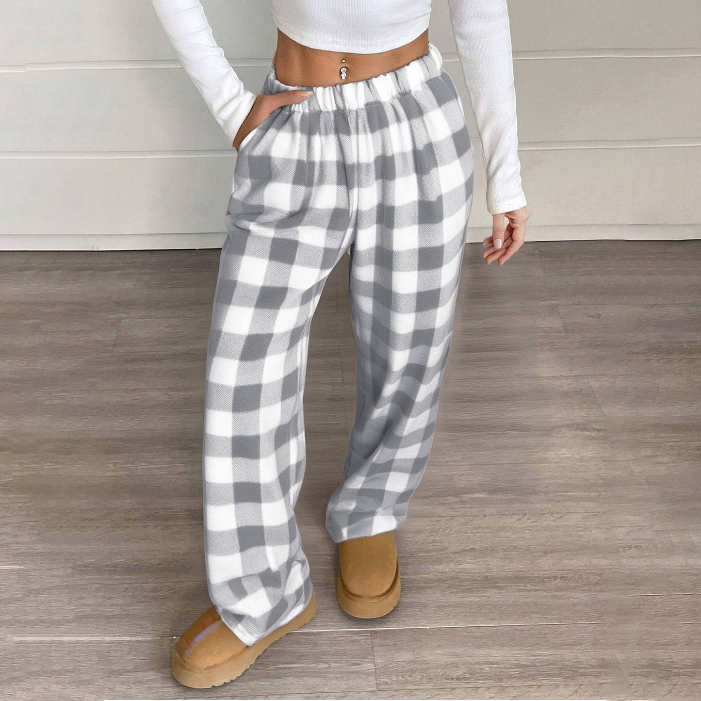 Women Pajama Pants Yoga Pants Elastic Waist Fuzzy Fleece Plaid Bottoms Soft Lounge Sleepwear With Pockets Plush Pajamas Pants