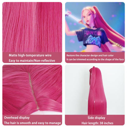 Anime Kpop: Demon Hunters Mila Cosplay Synthetic Hair 38-Inch Rose Red Straight Hair Halloween Daily Party Realistic Scalp Wig