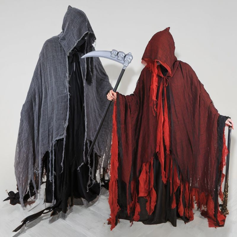 Horror Grim Reaper Cosplay Set Fringed Worn Hooded Cloak Disassemble Skull Scythe Prop For Halloween Party Dress Up