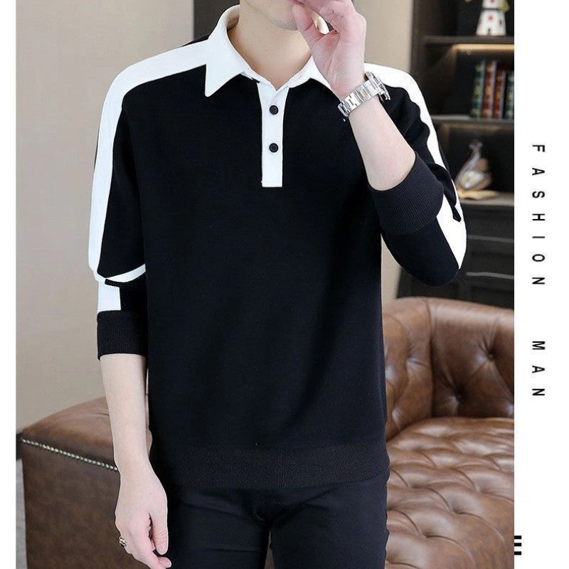 Contrast Patchwork Plus Size Korean Hoodies Sweatshirts Men Clothes Spring Autumn Polo Neck Long Sleeve Casual Top Fashion Trend