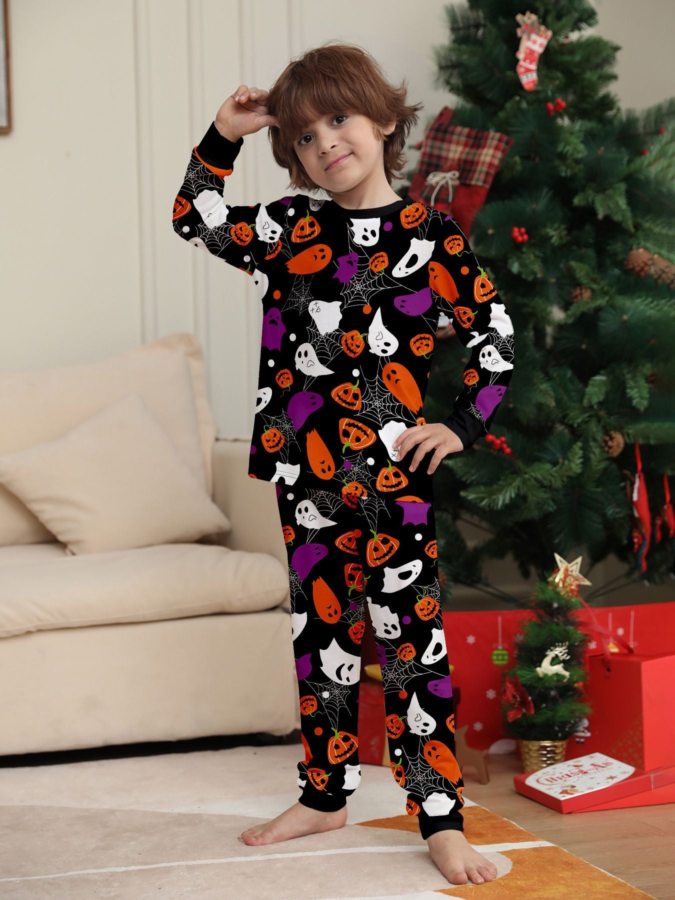 Kids Halloween Pajamas Set - All - Over Colorful Pumpkin & Ghost Print Sleepwear