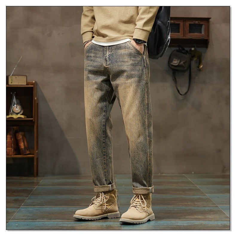 Autumn and Winter Men's Loose 95% Cotton Jeans Retro Yellow Mud  Street Hip-hop Baggy Harem Pants Outdoor Boys Workwear Pants