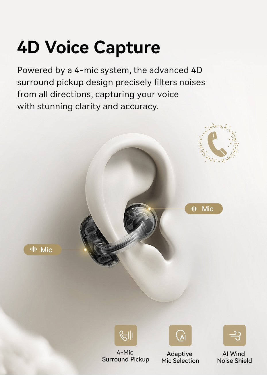 Fones de ouvido sem fio Baseus MC1 Pro Ear Clip Bluetooth 6.0 Hi-Res Ultra Open Earbuds Tipo brinco 4 microfones ENC fones de ouvido com clipe