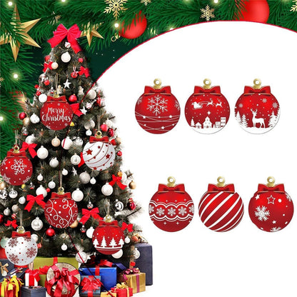 12pcs/set Red and White Wooden Christmas Ball Ornament, Elk Snowflake Pattern Christmas Party Hanging Decoration Supplies Winter